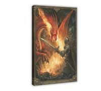 QGVBGF Dragon Vs Knight, Medieval Bestiary Battle Canvas Poster Bedroom Decor Landscape Office Room Decor Gift 24x36inch(60x90cm)