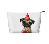 QGWDYYJQ Cute Happy Birthday Pug Puppy Printed Corduroy Makeup Bag Travel Toiletry Bag Portable Cosmetic Bag