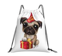 QGWDYYJQ Cute Happy Birthday Pug Puppy printed Large-sized casual drawstring backpack Drawstring Bag Gym Bag