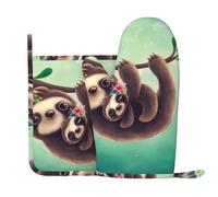 Qgwdyyjq Lazy Cute Sloth Hanging The Branches Printed Oven Mitts And Pot Holders Sets Silicone Heat-Resistant Gloves