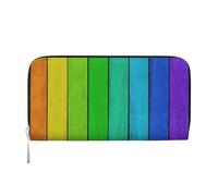 QGWDYYJQ Rainbow Colored Wood Background Printed Genuine Leather Hand Wallet Portable Zip Wallet