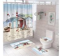 QGWMCD Shower Curtain Waterproof Polyester Shower Curtains Blue Beige Beach Hut,Bathroom Anti-Slip Mat Set Floor Mat Washable Bathroom Toilet Carpet Mildew proof, With 12 Hooks-4-piece set