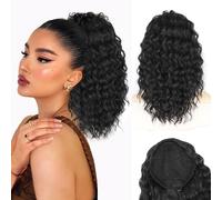 QGZ Ponytail Extension Drawstring for Black Women 14 Inch Synthetic Short Wavy Layered Daily Wear Black