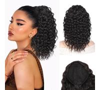 QGZ Ponytail Extension Drawstring for Black Women 14 Inch Synthetic Short Wavy Layered Daily Wear Black