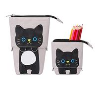 QH-Shop Standing Pencil Case Zipper Canvas Pencil Holder Office School Stationery Storage Bag Pen Pouch with PU Cartoon Cute Cat for Students, Boys and Girls (Gray)