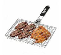 QH7 Heavy Duty Stainless Steel Grill Basket for Camping & BBQ - Foldable, Portable Grilling Grate with Detachable Handle - Non-Stick Mesh for Fish, Vegetables, Shrimp, Burgers & More