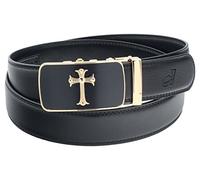 QHA Mens Jesus Cross Automatic Buckle Ratchet Leather Belt Q39-Gold Black-36-42"