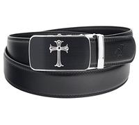 QHA Mens Jesus Cross Automatic Buckle Ratchet Leather Belt Q39-Silver Black-34-40"