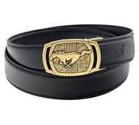 QHA Mens Leather Belt Automatic Ratchet Leather Belts Horse Buckle Gift (Gold Black #1, 32"-38")