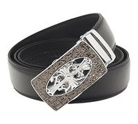 QHA Mens Leather Ratchet Belt Jesus Cross Automatic Buckle 35mm Wide Q21 Silver Black-36-42"