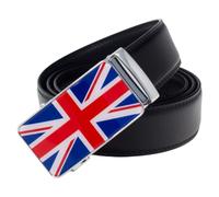 QHA Mens Ratchet Leather Belt Union Jack British Flag Automatic Buckle Q53-Black-34-38"
