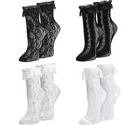 QHANSHIEE Womens Lace Ankle Socks Ruffle Frilly Socks,Mesh Lace Trim Lolita Sock,Cute Mesh Frilly Dress Sock for Women, Black(2 Pairs) & White(2 Pairs)-a, One size