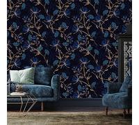 QHDXL Navy Blue Floral Peel and Stick Wallpaper, 2P (40x250cm), Botanical Theme, Straight Match, Extensive Coverage, Vinyl Material, Removable, Stain Resistant