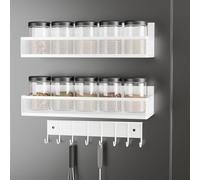 QHENS Magnetic Fridge Spice Rack Organiser with Utensil Holder, 3 Tiers Refrigerator Magnetic Spice Rack, Wall Mounted Strong Magnetic Shelf for Kitchen Seasoning Bottles Storage Organiser (White)