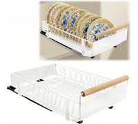 QHENS Pull-Out White Dish Drying Rack for 13 Plates, Metal Dish Drainer Rack with Drip Tray, Vertical Plate Dish Rack for Kitchen Cupboard