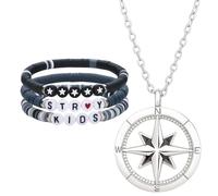 QhgPnt 2 Pack Kpop Stray Kids Merch Bracelets, Compass Necklace for Men, Stray Kids Karma Jewelry Set, Durable Silver Necklace and Black Bracelets for Everyday Wear and Concert Events