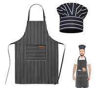 QhgPnt 2-Pair Chef Apron Set, Includes Kitchen Apron and Chef Hats for Men and Women, Adjustable Bib Apron with Pockets for Cooking Baking, Chef Costume Outfit for Cooking and Baking