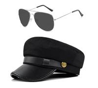 QhgPnt 2-Piece Chauffeur Driver Hat and Glasses Set, Retro Flat Top Cap and Silver Frame Props, Limo Taxi Driver Fancy Dress Outfit Accessories for Halloween Cosplay Dress Up
