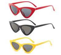 QhgPnt 3PCS Cat Eye Sunglasses, Cat Eye Sunglasses Womens, Small Retro Cat Eye Sunglasses Vintage Narrow Cateye Sunglasses Neon Skinny Party Glasses Bulk for Women(Black, yellow, red)
