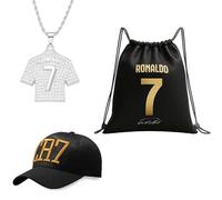 QhgPnt 3Pcs Ronaldo Gifts for Boys, Football Training Gear Set with Water-Resistant Sports Backpack, Adjustable Cap and Necklace, Black Storage Bag for Training, Matches, and Outdoor Activities Black