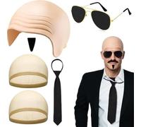 QhgPnt 6-Piece Bald Cap Set with Sunglasses, Tie, Fake Mustache and Hair Nets, Mr Worldwide Costume and Pitbull Fancy Dress Accessories for Party Role Play