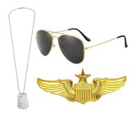 QhgPnt Aviator Costume Set for Adults, 3 Piece Pilot Accessories with Gold Badge, Silver Dog Tags Necklace and Gold Frame Sunglasses, for Halloween, Cosplay, VE Day and Themed Parties