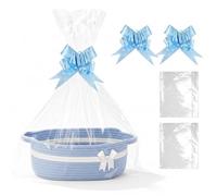 QhgPnt Gift Basket Hamper Kit, Blue Basket with Handles, 2 Cellophane Bags and 2 Pull Bows, Empty Gift Basket for Baby Shower, Wedding, Birthday, Housewarming