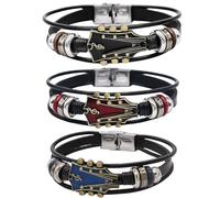 QhgPnt Guitar Gifts for Men, Leather Bracelets for Women, 3 Pack Zinc Alloy Music Guitar Bracelets, Black Red Blue, Rock Music Punk Wristbands for Concerts and Daily Wear