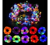 QhgPnt LED Flower Headband, 10 Light Up Flower Crowns With 10 Light Up Scrunchies, Glow Hair Accessories for Women Girls, Perfect for Christmas Halloween Birthday Parties