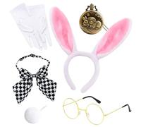 QhgPnt White Rabbit Costume Accessories 7 PCS, Bunny Costume Kids, Include White Bunny Headband Bunny Nose Tail Gloves Pocket Watch Glasses And Bowtie, Soft Bunny Outfit for Various Occasions