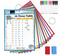 qhklew Pack of 10 Dry Erase Bags, Reusable A4 Dry Wipe Bags with 10 Whiteboard Pens, 2 Erasers and 2 Stainless Steel Rings, Dry Erase Pockets A4 for School Home or Work