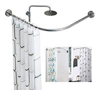 QHLIANGL L-Shape Black Shower Curtain Rods Curved Tension Extendable Shower Rod Rail No Drill Adhesive,Premium 304 Stainless Steel, For Corner Of Bathroom,Silver,70-95 * 70-95cm