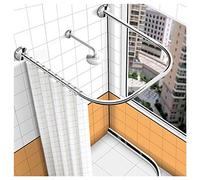 QHLIANGL U Shaped Shower Curtain Rail Curved Tension Rod No Drill 304 Stainless Steel Stretchable Corner Bath Curtain Rail Pole Never Rust, With Shower Curtain And Hoohs 110 cm