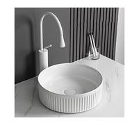 QHLMLL Lavandino da bagno da 14" bianco rotondo, moderno, sopra il piano, in porcellana, in ceramica, con rubinetto, lavabo da appoggio per bagno