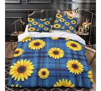 QHNZKJXPRL Sunflowers on Blue Plaid Comforter Cover 3D Print Wrinkle-Resistant 3PCs Bed Linen Hidden Zipper Duvet Cover Extra Soft All Season for Teens Youth Adults Women Kids Boys Double（200x200cm）