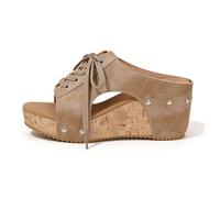 QhomeQ Cork Wedge Sandals for Women Women's Open Toe Wedge Sandals Cork Platform - Elegant Studded Slip On Ankle Strap Summer Casual Beach Dressy Platform Shoes,Khaki,US7/EU38