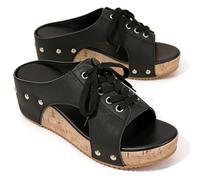 QhomeQ Cork Wedge Sandals for Women Women's Open Toe Wedge Sandals Cork Platform - Elegant Studded Slip On Ankle Strap Summer Casual Beach Dressy Platform Shoes,Black,US6/EU37