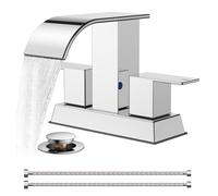 QHQQXN 4 Inch Centerset Chrome Bathroom Faucet, 2 or 3 Hole Waterfall Square Bathroom Sink Faucet with Metal Pop-up Drain and Supply Lines, Two Handles for Vanity, Lavatory Room, Pedestal