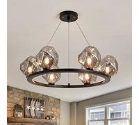 QHQQXN 6 Light Wagon Wheel Chandelier Black Metal Ceiling Light Fixture with Glass Shade G9 Round Pendant for Farmhouse Dining Room Living Room Foyer Bedroom Kitchen Island.