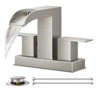 QHQQXN Brushed Nickel Bathroom Faucets for 2 Hole or 3 Hole, Waterfall 4 Inch Centerset Bathroom Sink Faucet with Metal Pop-up Drain and Supply Lines, Two Handles for Vanity, Basin