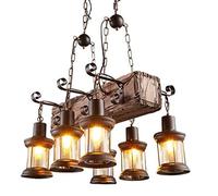 QHQQXN Chandelier Wood Pendant Light Retro Industrial Rustic Hanging Lamp Glass Lampshade Height Adjustable Suspension Lamp Fixture Vintage Wooden Dining Table Living Room Kitchen Lighting,8 Heads