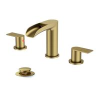 QHQQXN Gold Bathroom Faucet, Waterfall Bathroom Faucet for Sink 3 Hole with Easy Install Pop-Up Drain and Water Supply, 8 Inch Widespread for Vanity, Camper,Restroom