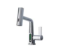 QHQQXN High Arc LED Kitchen Faucet with Temperature Display, Pull Down Waterfall Tap, Hot & Cold Mixer, Silver Finish, Stylish Basin Faucet with Sprayer for Contemporary Kitchens