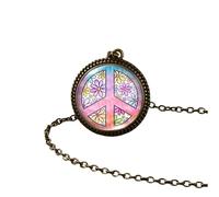 QHQQXN Hippie Necklace For Women And Men, Hippy Peace Sign Necklace Art Painting Vintage Pendant Round Printed Photo Glass Dome, Long Necklaces For Women Boho, Grunge Necklaces