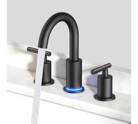 QHQQXN LED Bathroom Faucet Black 3 Hole with Temperature Changing 3 Color Lights, 8" Widespread Matte Black LED Bathroom Sink Faucet 3 Hole with Pop Up Drain, Supply Lines, 360° Swivel Spout