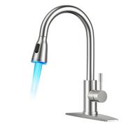 QHQQXN LED Kitchen Faucet with Pull Down Sprayer, Brushed Nicke Single Handle Stainless Steel Traditional Sink Faucets with LED Light Sprayer Head, Suitable for Farmhouse Laundry Camper Rv Bar