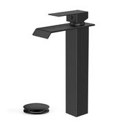 QHQQXN Matte Black Vessel Bathroom Sink Faucets 1 Hole, Tall Waterfall Bathroom Faucet Single Handle with Pop Up Drain and Supply Lines, Deck Mount
