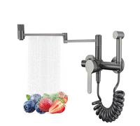 QHQQXN Wall Mount Kitchen Faucet with Side Sprayer - 6 Inch Center Folding Kitchen Sink Faucet with Stretchable Double Joint Swing Arm, 3 Modes Pot Filler, 360° Swivel Stove Tap Brass,Chrome