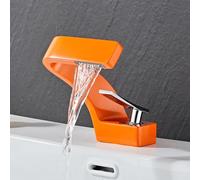 QHQQXN Waterfall Bathroom Faucet, Hot & Cold Mixer Tap, Copper Basin Sink Faucet with Ceramic Valve, Single Hole Installation, Water-Saving (Orange)