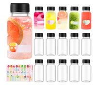 QHSXMQ 15 Pcs Juice Bottles with Lids, 100ml Plastic Shot Bottles with lids, Reusable Small bottles with lids for Smoothie, Milk, or Juice Drinks - Includes Fruit Stickers (Black)